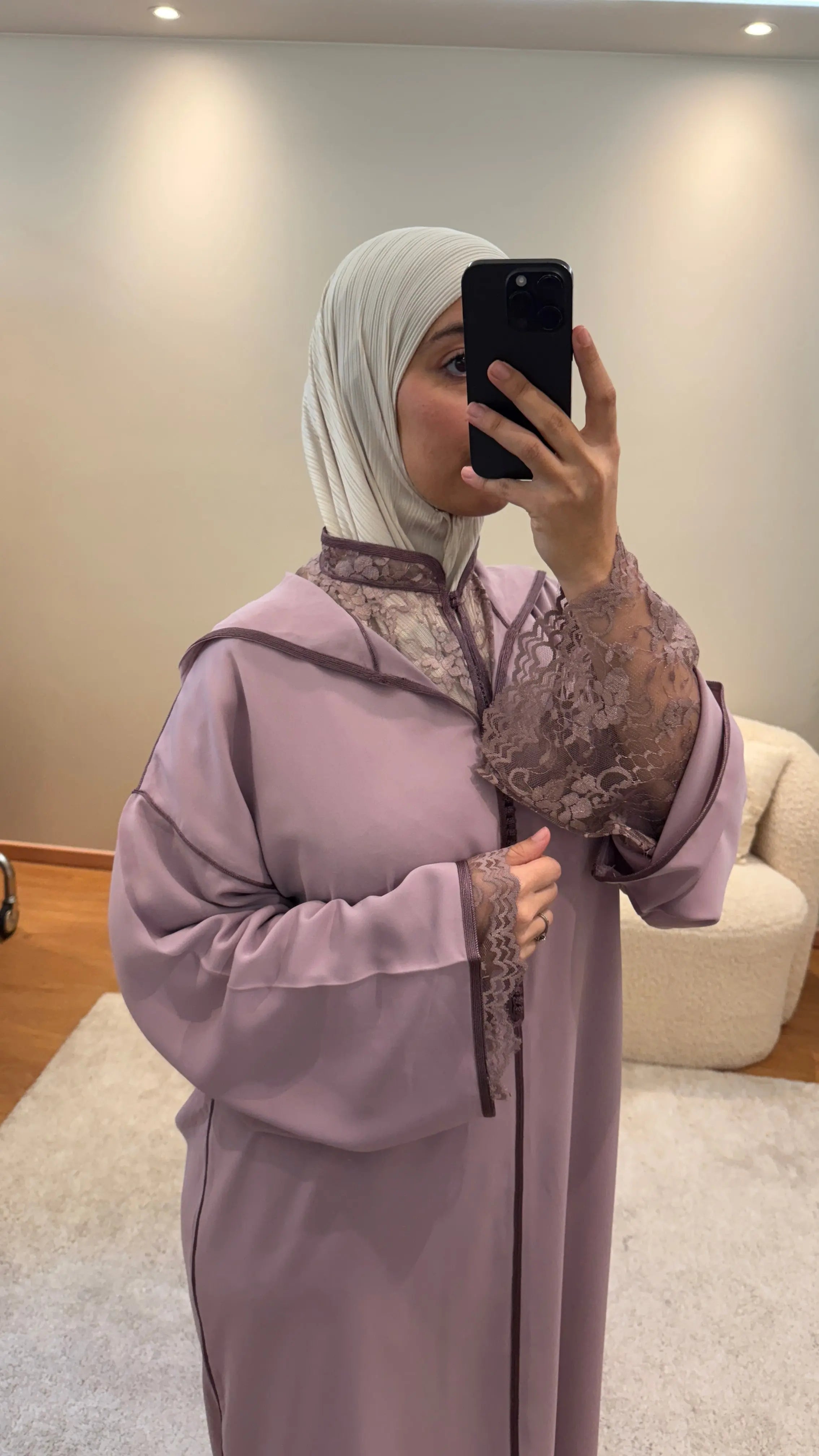 Jellaba Dentelle Lilas Caftan Assala