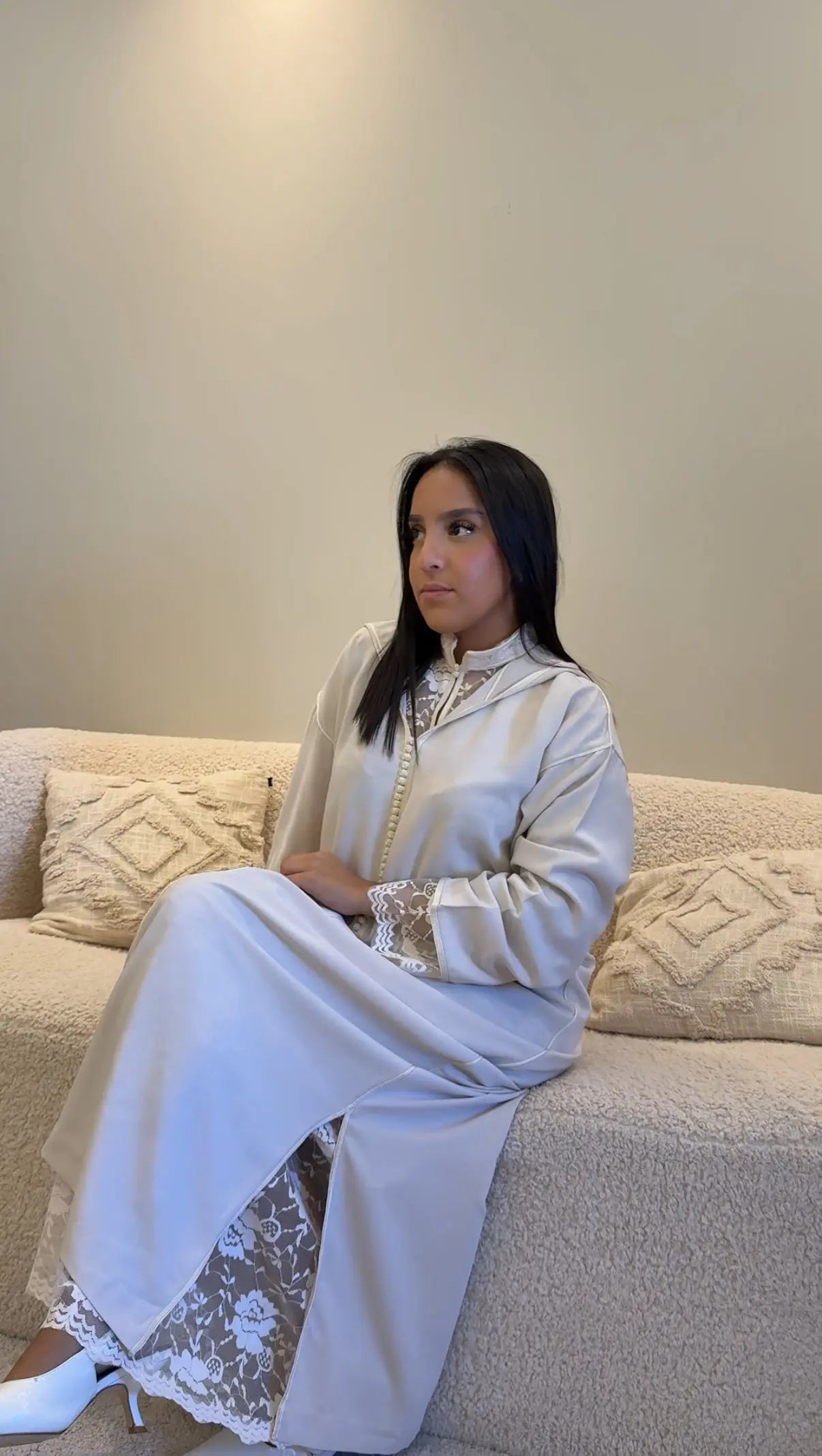 Jellaba Dentelle Blanc Cassé Caftan Assala